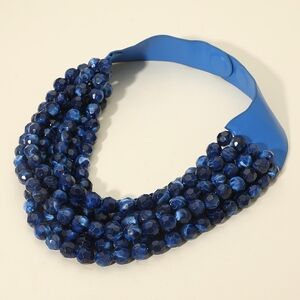 Navy Blue Marbled Faceted Magnetic Multi Chain Ball Beaded Necklace Layered